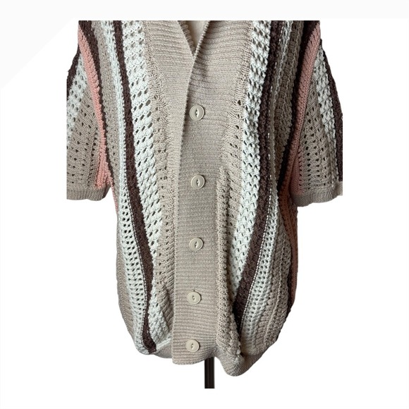 BDG Sweater Men Medium Tan Pink Striped Button Down Short Sleeve Knit Polo Retro - Picture 5 of 10